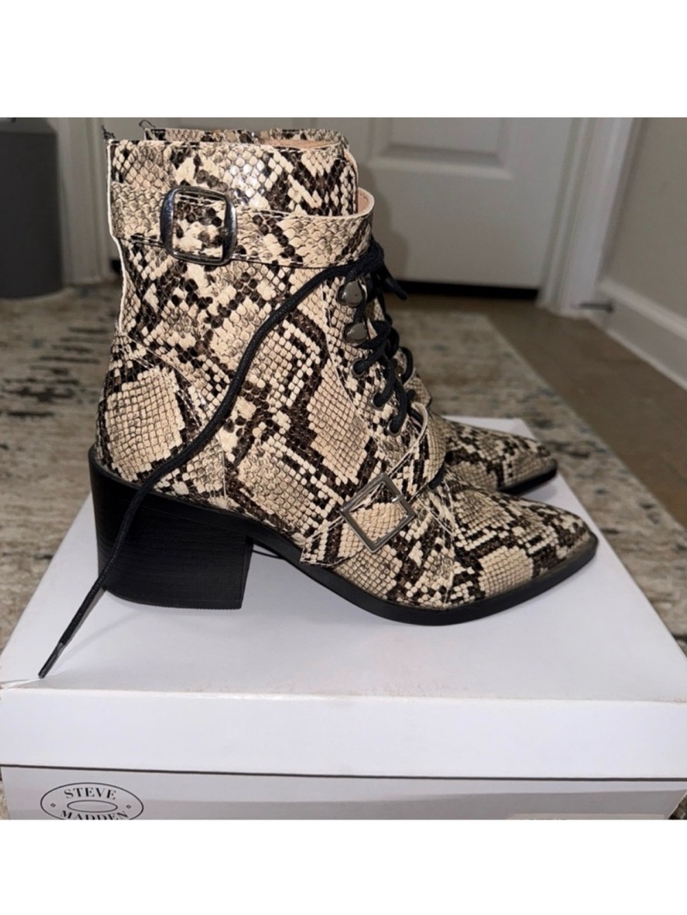 Steve Madden Snake-Print Lace-Up Ankle Booties in Beige and Black